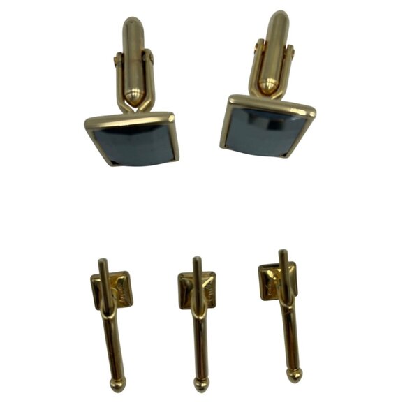 Swank Formal Wear 5 pc Cuff link Stud Set orig box Faceted Black Gold Tone Tux - Picture 6 of 16